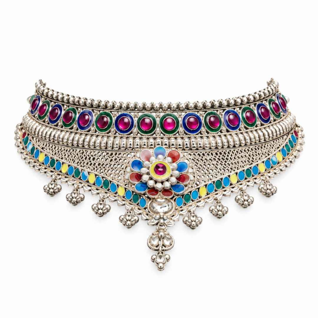 Multicolor Traditional Silver Choker
