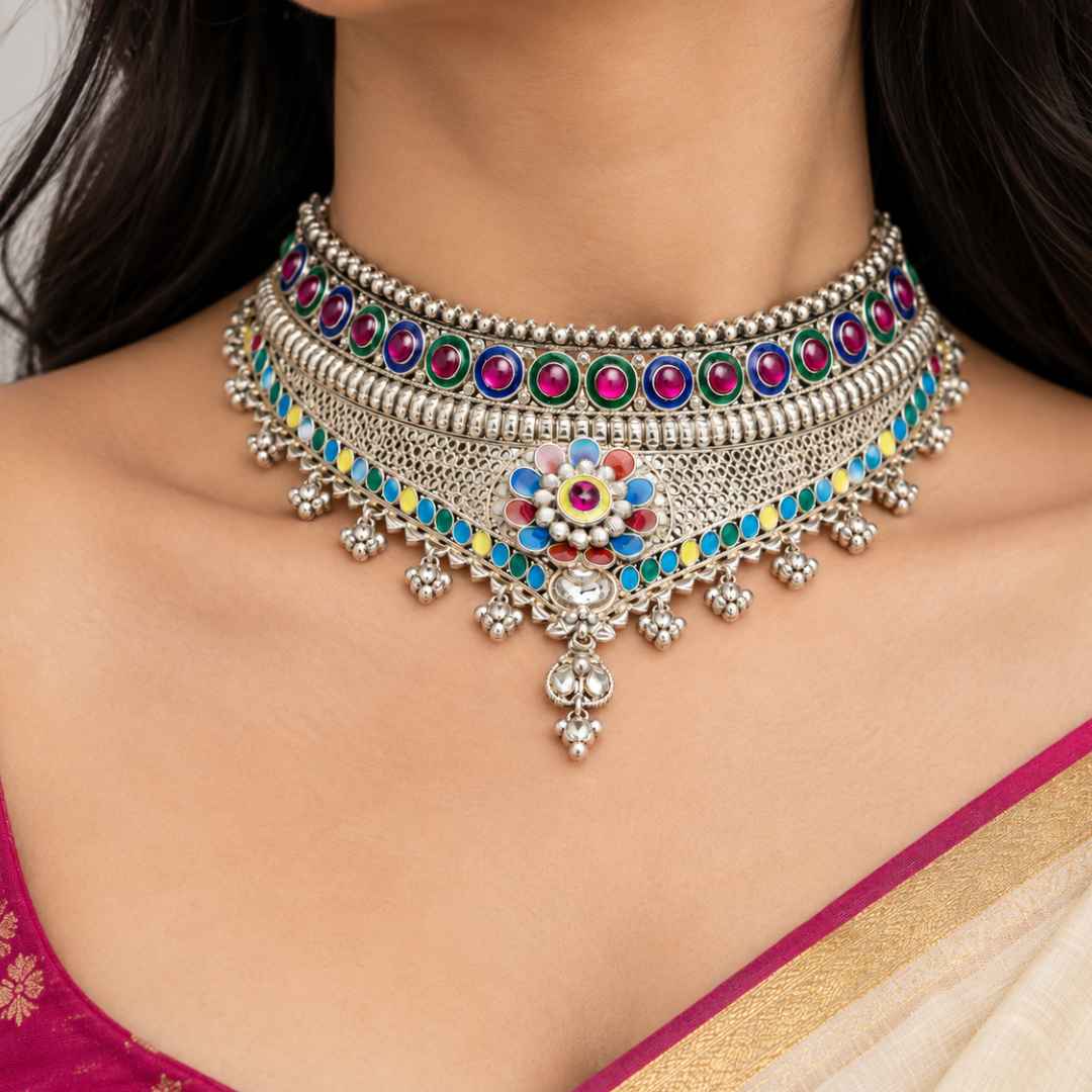 Multicolor Traditional Silver Choker