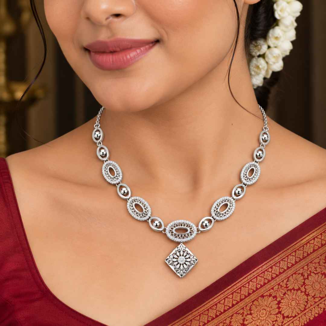 Oval Motif Silver Necklace